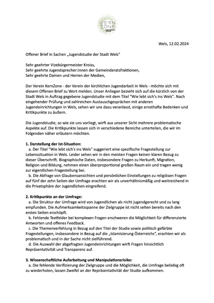 Seite 1 des Offenen Brief der Kernzone zur Jugendstudie an die Verantwortlichen der Stadt Wels mit Anmerkungen und Kritik zu Inhalt und Machart der Studie