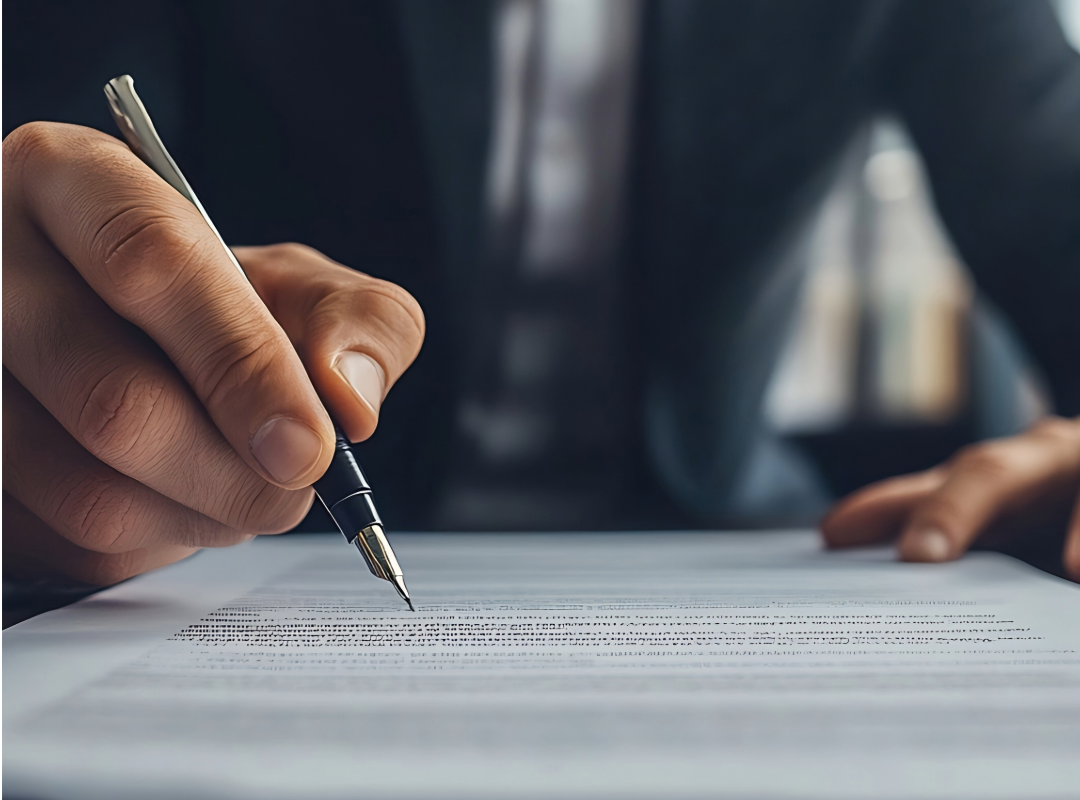 Ein Mann in einem Anzug sitzt an einem Tisch und unterschreibt ein Dokument mit einem hochwertigen Füllfederhalter. Der Fokus liegt auf der Hand, dem Stift und dem Papier, während der Hintergrund leicht unscharf ist.