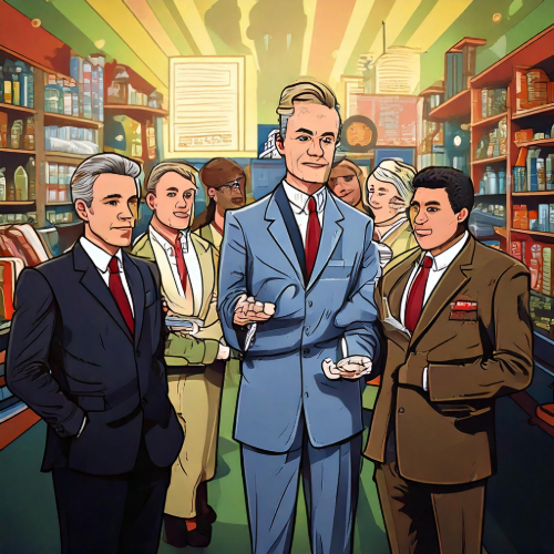 Eine im Comic-Stil gezeichnete Gruppe von Männern in Anzügen steht in einem Geschäft oder einer Apotheke, umgeben von Regalen voller Produkte. Die Personen wirken geschäftlich und professionell, während sie in einer angeregten Diskussion oder Präsentation zu sein scheinen. Im Hintergrund sind weitere Regale mit Medikamenten oder ähnlichen Artikeln zu sehen, was auf ein pharmazeutisches Umfeld hindeutet.