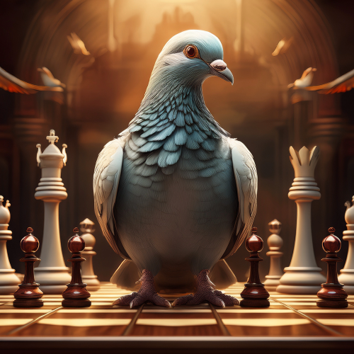 Eine Taube sitzt mitten auf einem Schachbrett, umgeben von Schachfiguren. Die Szene ist in warmes Licht getaucht, das eine dramatische und symbolische Atmosphäre schafft. Die Taube wirkt dominant und unbeeindruckt, was die Metapher des “Taubenschachs” illustriert – ein Verhalten, bei dem Regeln ignoriert und Chaos angerichtet wird.