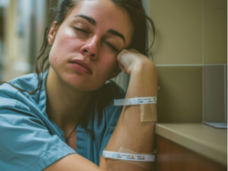 Eine erschöpfte Pflegekraft in Arbeitskleidung sitzt mit geschlossenen Augen und lehnt den Kopf auf die Hand, während sie an einer Wand in einem Krankenhausflur ruht.