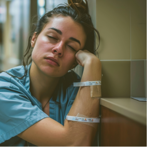 Eine erschöpfte Pflegekraft in Arbeitskleidung sitzt mit geschlossenen Augen und lehnt den Kopf auf die Hand, während sie an einer Wand in einem Krankenhausflur ruht.