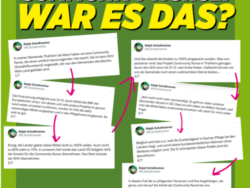 Das Bild zeigt eine grüne Grafik mit der Überschrift „Community Nurse: War es das?“ in großen gelben und weißen Buchstaben. Darunter sind mehrere Textfelder mit Zitaten von Ralph Schallmeiner angeordnet, die durch pinke Pfeile miteinander verbunden sind. Die Zitate thematisieren die Beendigung des Community-Nurse-Projekts in Thalheim, die Finanzierungssituation und die Herausforderungen bei der Weiterführung des Projekts. Im Hintergrund ist ein hellgrüner Farbverlauf zu sehen.