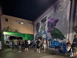 Nachtszene vor dem Alten Schlachthof in Wels; mehrere Menschen stehen und unterhalten sich im Innenhof, die Wände sind mit bunten Graffiti und großflächigen Wandmalereien verziert.