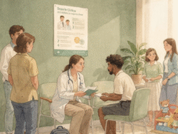 KI-generierte Illustration einer freundlichen Arztpraxis: Eine Ärztin mit Stethoskop spricht mit einem sitzenden Mann und überreicht ihm Informationsblätter. Um sie herum stehen mehrere Personen, darunter eine Frau mit einem Kind. Im Hintergrund sind Spielzeug, Pflanzen und ein Poster an einer grünen Wand zu sehen. Unten links steht der Hinweis „KI-Generiert mit dem Grünerator“.