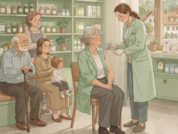 Illustration einer freundlichen Apothekenszene: Eine Apothekerin in grünem Kittel verabreicht einer älteren Frau eine Impfung in den Oberarm. Im Hintergrund stehen Regale mit Medikamenten und Pflanzen. Daneben warten mehrere Generationen einer Familie – ein älterer Mann mit Gehstock, eine Frau mit einem Kleinkind auf dem Schoß und eine jüngere Frau – und beobachten die Situation. Durch ein Fenster ist eine ländliche Umgebung mit Häusern zu sehen. Unten im Bild steht der Hinweis „KI-Generiert mit dem Grünenerator“.