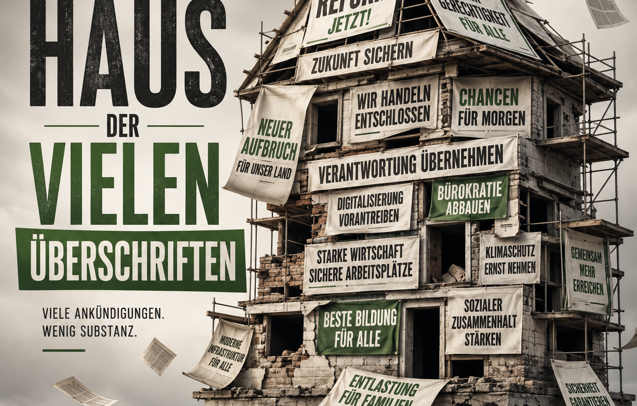 Ein baufälliges, von Gerüsten umgebenes Haus ist mit zahlreichen großen Reformversprechen und Schlagzeilen behängt. Daneben steht der Titel „Das Haus der vielen Überschriften“ sowie der Zusatz „Viele Ankündigungen. Wenig Substanz.