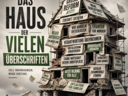 Ein baufälliges, von Gerüsten umgebenes Haus ist mit zahlreichen großen Reformversprechen und Schlagzeilen behängt. Daneben steht der Titel „Das Haus der vielen Überschriften“ sowie der Zusatz „Viele Ankündigungen. Wenig Substanz.
