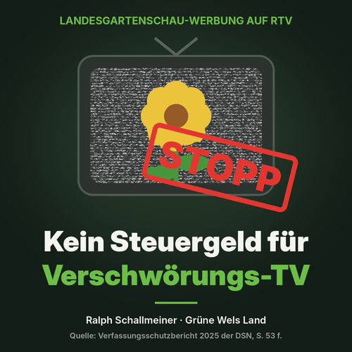 Grafik auf dunkelgrünem Hintergrund: Ein alter Röhrenfernseher zeigt Bildrauschen, darin eine gelbe Blume. Über dem Bildschirm klebt ein schräger roter Stempel mit der Aufschrift „STOPP“. Oben steht „Landesgartenschau-Werbung auf RTV“, darunter in großer Schrift „Kein Steuergeld für Verschwörungs-TV“. Am unteren Rand: „Ralph Schallmeiner · Grüne Wels Land“ sowie „Quelle: Verfassungsschutzbericht 2025 der DSN, S. 53 f.“